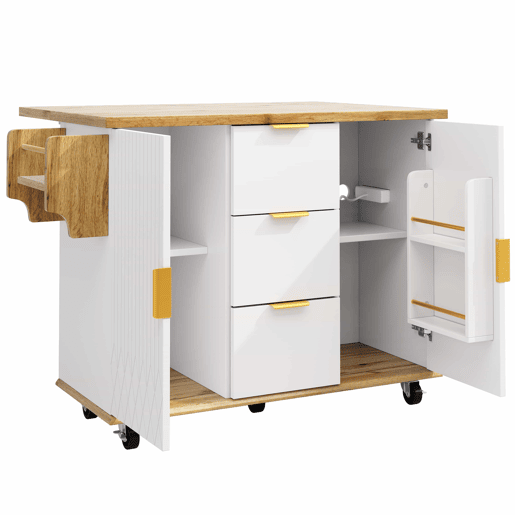 Carrinho de cozinha - bancada rebatível e tomada elétrica, ilha de cozinha móvel com rodas, design em madeira - Branco