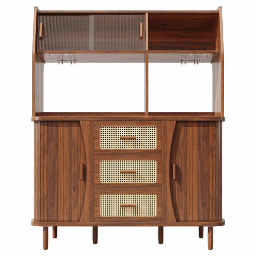 Aparador de cozinha com 174,5 cm - design em rattan com portas de correr em vidro, amplo espaço de arrumação, acabamento em madeira natural estilo nogueira, capacidade de carga de 60 kg - nogueira