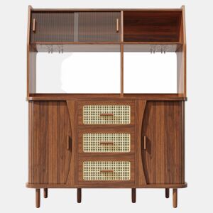 Aparador de cozinha com 174,5 cm - design em rattan com portas de correr em vidro, amplo espaço de arrumação, acabamento em madeira natural estilo nogueira, capacidade de carga de 60 kg - nogueira