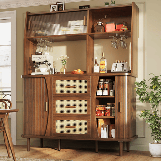 Aparador de cozinha com 174,5 cm - design em rattan com portas de correr em vidro, amplo espaço de arrumação, acabamento em madeira natural estilo nogueira, capacidade de carga de 60 kg - nogueira