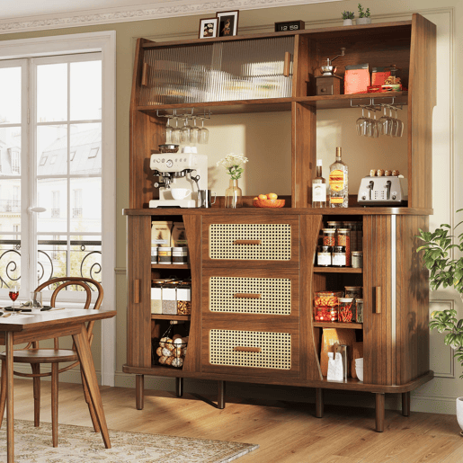 Aparador de cozinha com 174,5 cm - design em rattan com portas de correr em vidro, amplo espaço de arrumação, acabamento em madeira natural estilo nogueira, capacidade de carga de 60 kg - nogueira