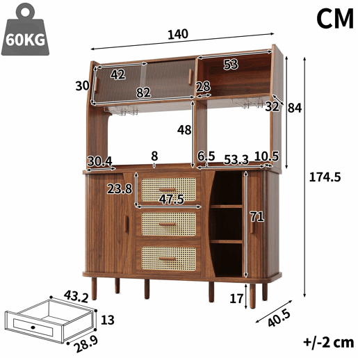 Aparador de cozinha com 174,5 cm - design em rattan com portas de correr em vidro, amplo espaço de arrumação, acabamento em madeira natural estilo nogueira, capacidade de carga de 60 kg - nogueira