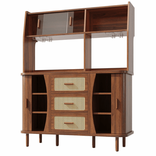 Aparador de cozinha com 174,5 cm - design em rattan com portas de correr em vidro, amplo espaço de arrumação, acabamento em madeira natural estilo nogueira, capacidade de carga de 60 kg - nogueira