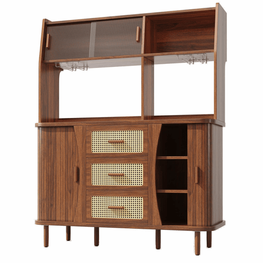 Aparador de cozinha com 174,5 cm - design em rattan com portas de correr em vidro, amplo espaço de arrumação, acabamento em madeira natural estilo nogueira, capacidade de carga de 60 kg - nogueira