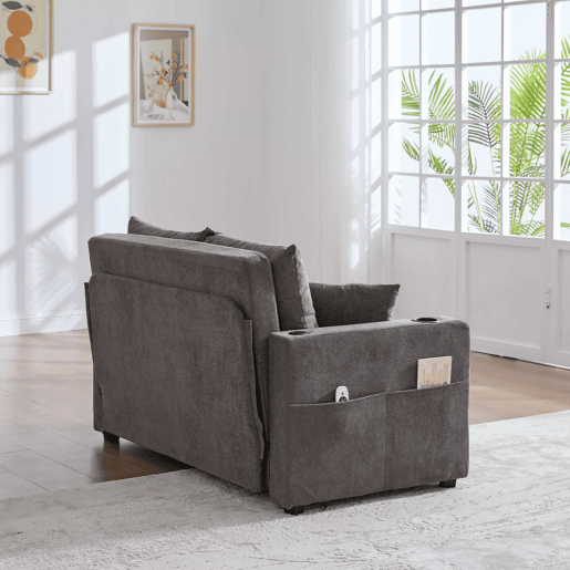 Sofá-cama multifuncional em tecido para 2 pessoas - sofá-cama dobrável, convertível em sofá ou cama, com bolsos de arrumação nos braços, porta-carregador USB e porta-copos - cinzento chenille