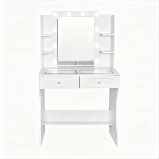 Mesa de maquilhagem com tabuleiro de 80 x 40 x 135 cm - Com tampo de vidro transparente e design de arrumação aberta - Branco Mesa de maquilhagem com tabuleiro de 80 x 40 x 135 cm - Com tampo de vidro transparente e design de arrumação aberta - Branco