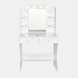 Mesa de maquilhagem com tabuleiro de 80 x 40 x 135 cm - Com tampo de vidro transparente e design de arrumação aberta - Branco