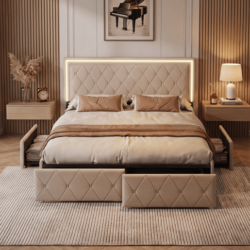 Cama estofada 140x200cm, cama de casal com 4 gavetas, cama com arrumação, cama jovem com estrado de ripas e LED, cama funcional, cama de madeira maciça, PU, bege Cama estofada 140x200cm, cama de casal com 4 gavetas, cama com arrumação, cama jovem com estrado de ripas e LED, cama funcional, cama de madeira maciça, PU, bege