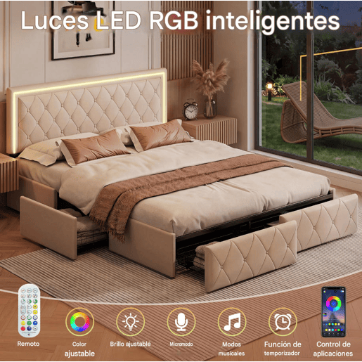 Cama estofada 140x200cm, cama de casal com 4 gavetas, cama com arrumação, cama jovem com estrado de ripas e LED, cama funcional, cama de madeira maciça, PU, bege Cama estofada 140x200cm, cama de casal com 4 gavetas, cama com arrumação, cama jovem com estrado de ripas e LED, cama funcional, cama de madeira maciça, PU, bege