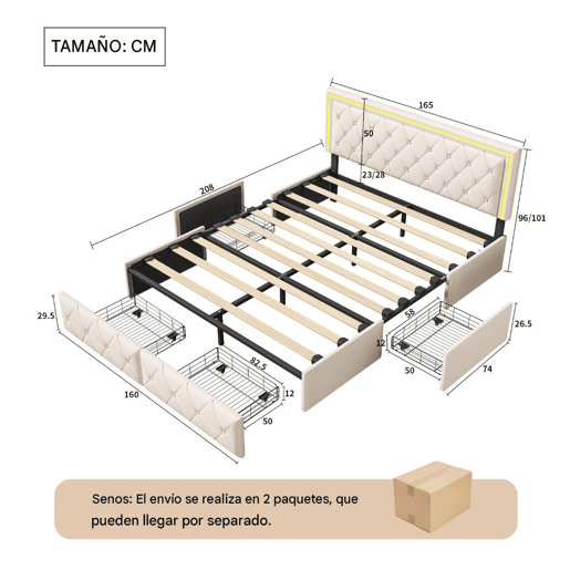 Cama estofada 140x200cm, cama de casal com 4 gavetas, cama com arrumação, cama jovem com estrado de ripas e LED, cama funcional, cama de madeira maciça, PU, bege Cama estofada 140x200cm, cama de casal com 4 gavetas, cama com arrumação, cama jovem com estrado de ripas e LED, cama funcional, cama de madeira maciça, PU, bege