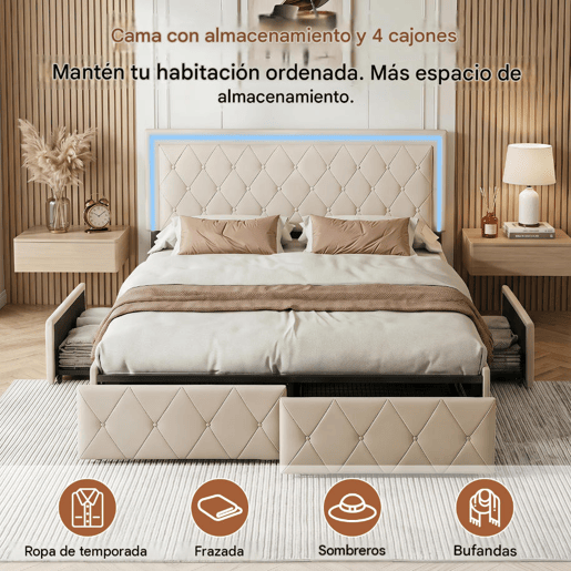 Cama estofada 140x200cm, cama de casal com 4 gavetas, cama com arrumação, cama jovem com estrado de ripas e LED, cama funcional, cama de madeira maciça, PU, bege Cama estofada 140x200cm, cama de casal com 4 gavetas, cama com arrumação, cama jovem com estrado de ripas e LED, cama funcional, cama de madeira maciça, PU, bege