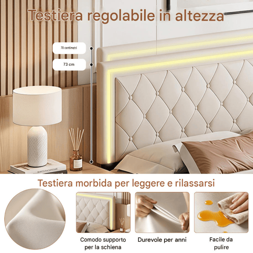 Cama estofada 140x200cm, cama de casal com 4 gavetas, cama com arrumação, cama jovem com estrado de ripas e LED, cama funcional, cama de madeira maciça, PU, bege Cama estofada 140x200cm, cama de casal com 4 gavetas, cama com arrumação, cama jovem com estrado de ripas e LED, cama funcional, cama de madeira maciça, PU, bege