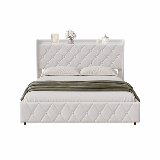 Cama estofada de 160x200 cm com baú, revestimento em veludo branco, sistema de abertura hidráulica, iluminação LED, portas de carregamento USB e Tipo-C e estrado de ripas