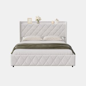 Cama estofada de 160x200 cm com baú, revestimento em veludo branco, sistema de abertura hidráulica, iluminação LED, portas de carregamento USB e Tipo-C e estrado de ripas