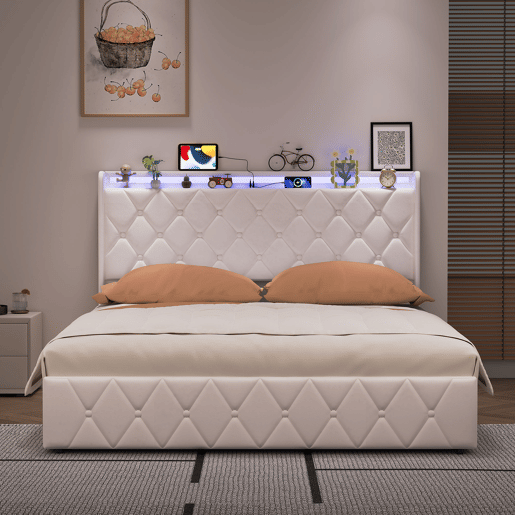 Cama estofada de 160x200 cm com baú, revestimento em veludo branco, sistema de abertura hidráulica, iluminação LED, portas de carregamento USB e Tipo-C e estrado de ripas