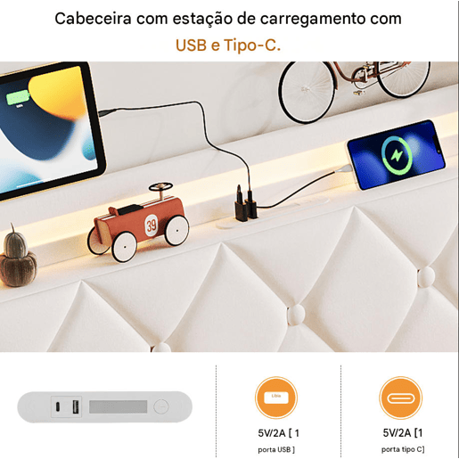 Cama estofada de 160x200 cm com baú, revestimento em veludo branco, sistema de abertura hidráulica, iluminação LED, portas de carregamento USB e Tipo-C e estrado de ripas