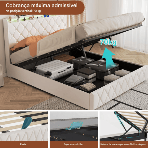 Cama estofada de 160x200 cm com baú, revestimento em veludo branco, sistema de abertura hidráulica, iluminação LED, portas de carregamento USB e Tipo-C e estrado de ripas