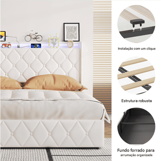 Cama estofada de 160x200 cm com baú, revestimento em veludo branco, sistema de abertura hidráulica, iluminação LED, portas de carregamento USB e Tipo-C e estrado de ripas