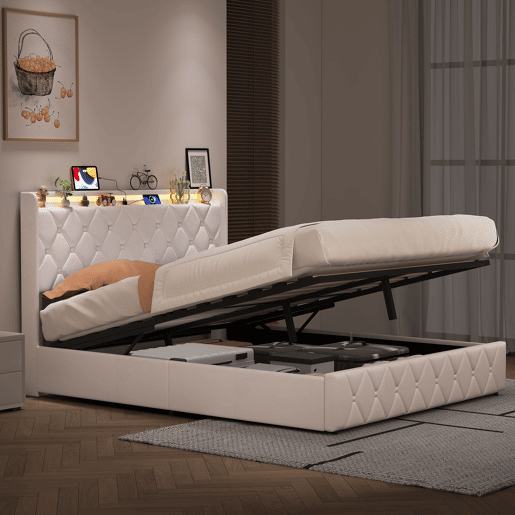 Cama estofada de 160x200 cm com baú, revestimento em veludo branco, sistema de abertura hidráulica, iluminação LED, portas de carregamento USB e Tipo-C e estrado de ripas