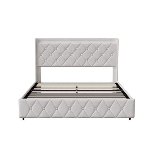 Cama estofada de 160x200 cm com baú, revestimento em veludo branco, sistema de abertura hidráulica, iluminação LED, portas de carregamento USB e Tipo-C e estrado de ripas