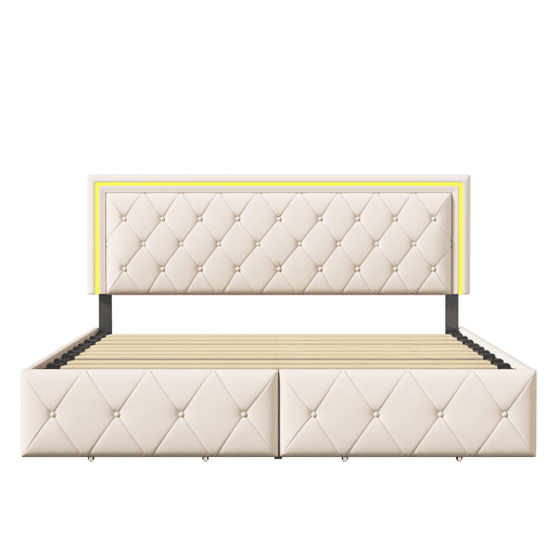 Cama estofada 160x200cm, cama de casal com 4 gavetas, cama com arrumação, cama jovem com estrado de ripas e LED, cama funcional, cama de madeira maciça, PU, bege Cama estofada 160x200cm, cama de casal com 4 gavetas, cama com arrumação, cama jovem com estrado de ripas e LED, cama funcional, cama de madeira maciça, PU, bege