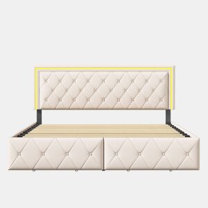 Cama estofada 160x200cm, cama de casal com 4 gavetas, cama com arrumação, cama jovem com estrado de ripas e LED, cama funcional, cama de madeira maciça, PU, bege