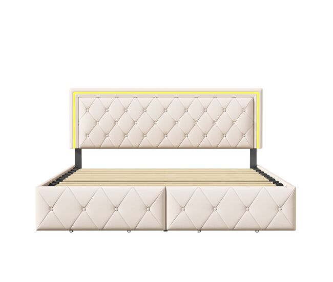 Cama tapizada 160x200cm, cama doble con 4 cajones, cama canapé, cama juvenil con somier y led, cama funcional, cama de madera maciza, pu, beige