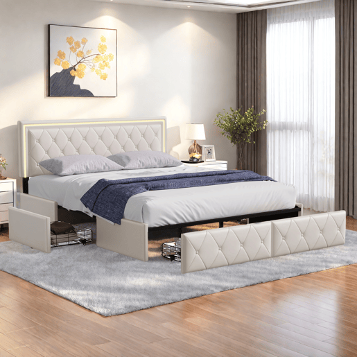Cama estofada 160x200cm, cama de casal com 4 gavetas, cama com arrumação, cama jovem com estrado de ripas e LED, cama funcional, cama de madeira maciça, PU, bege Cama estofada 160x200cm, cama de casal com 4 gavetas, cama com arrumação, cama jovem com estrado de ripas e LED, cama funcional, cama de madeira maciça, PU, bege
