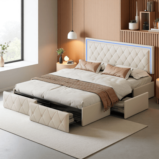 Cama estofada 160x200cm, cama de casal com 4 gavetas, cama com arrumação, cama jovem com estrado de ripas e LED, cama funcional, cama de madeira maciça, PU, bege Cama estofada 160x200cm, cama de casal com 4 gavetas, cama com arrumação, cama jovem com estrado de ripas e LED, cama funcional, cama de madeira maciça, PU, bege