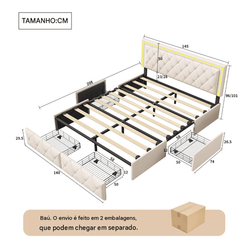 Cama estofada 160x200cm, cama de casal com 4 gavetas, cama com arrumação, cama jovem com estrado de ripas e LED, cama funcional, cama de madeira maciça, PU, bege Cama estofada 160x200cm, cama de casal com 4 gavetas, cama com arrumação, cama jovem com estrado de ripas e LED, cama funcional, cama de madeira maciça, PU, bege