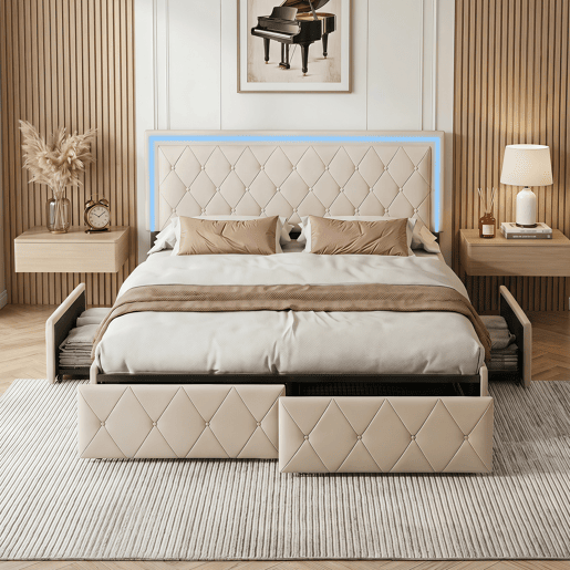 Cama estofada 160x200cm, cama de casal com 4 gavetas, cama com arrumação, cama jovem com estrado de ripas e LED, cama funcional, cama de madeira maciça, PU, bege Cama estofada 160x200cm, cama de casal com 4 gavetas, cama com arrumação, cama jovem com estrado de ripas e LED, cama funcional, cama de madeira maciça, PU, bege