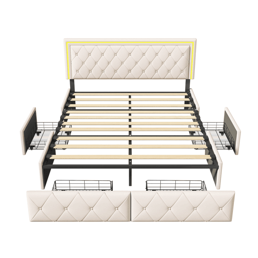 Cama estofada 160x200cm, cama de casal com 4 gavetas, cama com arrumação, cama jovem com estrado de ripas e LED, cama funcional, cama de madeira maciça, PU, bege Cama estofada 160x200cm, cama de casal com 4 gavetas, cama com arrumação, cama jovem com estrado de ripas e LED, cama funcional, cama de madeira maciça, PU, bege