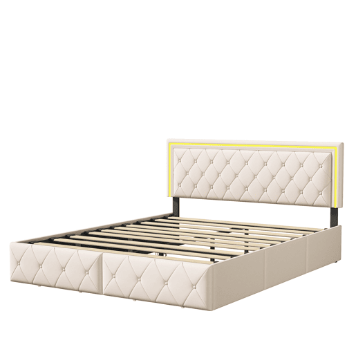 Cama estofada 160x200cm, cama de casal com 4 gavetas, cama com arrumação, cama jovem com estrado de ripas e LED, cama funcional, cama de madeira maciça, PU, bege Cama estofada 160x200cm, cama de casal com 4 gavetas, cama com arrumação, cama jovem com estrado de ripas e LED, cama funcional, cama de madeira maciça, PU, bege