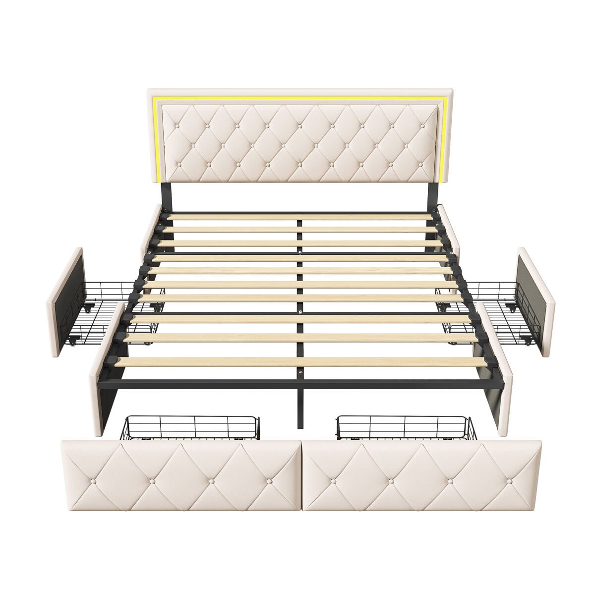 Cama doble 160x200 cm, cabecero led, cama tapizada con 4 cajones, cama con somier de láminas y estructura de metal, cama tapizada con cabecero