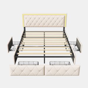 Cama de casal 160x200 cm, cabeceira com LED, cama estofada com 4 gavetas, cama com estrado de ripas e estrutura metálica, cama estofada com cabeceira regulável em altura, PU, u200Bu200Bu200Bu200Bcinza