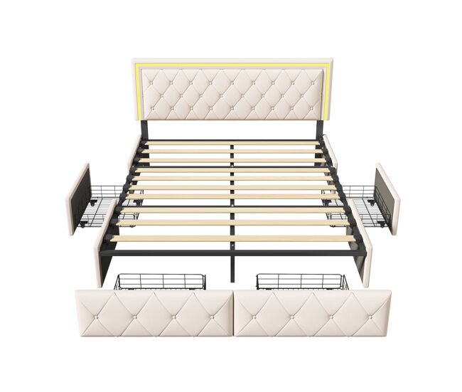 Cama doble 160x200 cm, cabecero led, cama tapizada con 4 cajones, cama con somier de láminas y estructura de metal, cama tapizada con cabecero