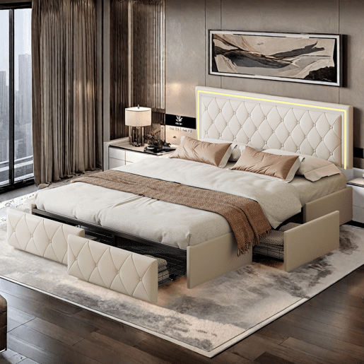 Cama de casal 160x200 cm, cabeceira com LED, cama estofada com 4 gavetas, cama com estrado de ripas e estrutura metálica, cama estofada com cabeceira regulável em altura, PU, u200Bu200Bu200Bu200Bcinza Cama de casal 160x200 cm, cabeceira com LED, cama estofada com 4 gavetas, cama com estrado de ripas e estrutura metálica, cama estofada com cabeceira regulável em altura, PU, u200Bu200Bu200Bu200Bcinza
