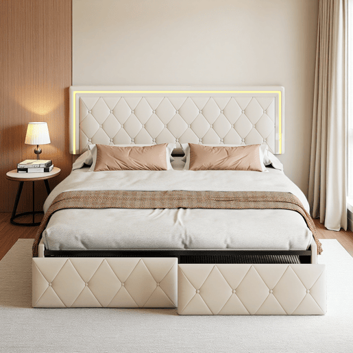 Cama de casal 160x200 cm, cabeceira com LED, cama estofada com 4 gavetas, cama com estrado de ripas e estrutura metálica, cama estofada com cabeceira regulável em altura, PU, u200Bu200Bu200Bu200Bcinza Cama de casal 160x200 cm, cabeceira com LED, cama estofada com 4 gavetas, cama com estrado de ripas e estrutura metálica, cama estofada com cabeceira regulável em altura, PU, u200Bu200Bu200Bu200Bcinza