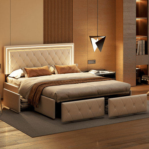 Cama de casal 160x200 cm, cabeceira com LED, cama estofada com 4 gavetas, cama com estrado de ripas e estrutura metálica, cama estofada com cabeceira regulável em altura, PU, u200Bu200Bu200Bu200Bcinza Cama de casal 160x200 cm, cabeceira com LED, cama estofada com 4 gavetas, cama com estrado de ripas e estrutura metálica, cama estofada com cabeceira regulável em altura, PU, u200Bu200Bu200Bu200Bcinza