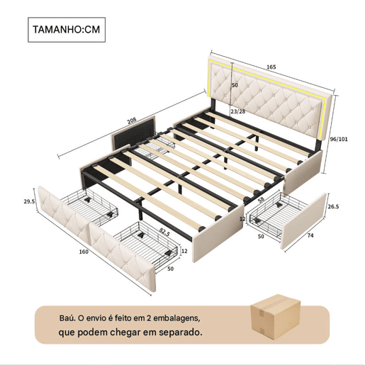 Cama de casal 160x200 cm, cabeceira com LED, cama estofada com 4 gavetas, cama com estrado de ripas e estrutura metálica, cama estofada com cabeceira regulável em altura, PU, u200Bu200Bu200Bu200Bcinza Cama de casal 160x200 cm, cabeceira com LED, cama estofada com 4 gavetas, cama com estrado de ripas e estrutura metálica, cama estofada com cabeceira regulável em altura, PU, u200Bu200Bu200Bu200Bcinza