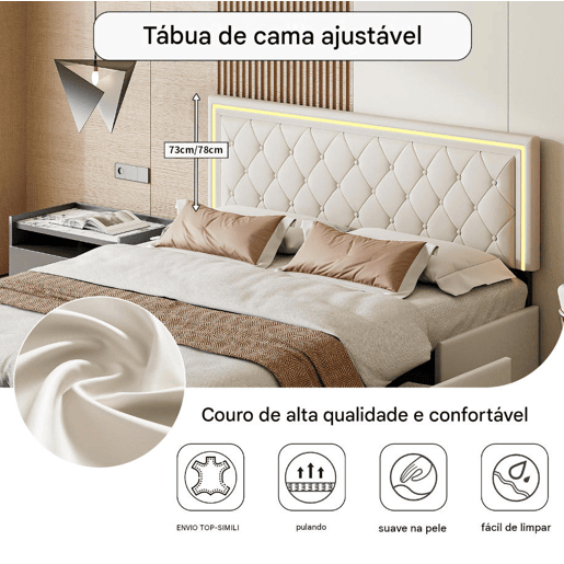 Cama de casal 160x200 cm, cabeceira com LED, cama estofada com 4 gavetas, cama com estrado de ripas e estrutura metálica, cama estofada com cabeceira regulável em altura, PU, u200Bu200Bu200Bu200Bcinza Cama de casal 160x200 cm, cabeceira com LED, cama estofada com 4 gavetas, cama com estrado de ripas e estrutura metálica, cama estofada com cabeceira regulável em altura, PU, u200Bu200Bu200Bu200Bcinza