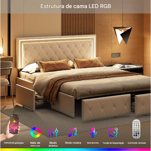 Cama de casal 160x200 cm, cabeceira com LED, cama estofada com 4 gavetas, cama com estrado de ripas e estrutura metálica, cama estofada com cabeceira regulável em altura, PU, u200Bu200Bu200Bu200Bcinza Cama de casal 160x200 cm, cabeceira com LED, cama estofada com 4 gavetas, cama com estrado de ripas e estrutura metálica, cama estofada com cabeceira regulável em altura, PU, u200Bu200Bu200Bu200Bcinza