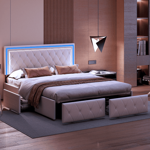 Cama de casal 160x200 cm, cabeceira com LED, cama estofada com 4 gavetas, cama com estrado de ripas e estrutura metálica, cama estofada com cabeceira regulável em altura, PU, u200Bu200Bu200Bu200Bcinza Cama de casal 160x200 cm, cabeceira com LED, cama estofada com 4 gavetas, cama com estrado de ripas e estrutura metálica, cama estofada com cabeceira regulável em altura, PU, u200Bu200Bu200Bu200Bcinza