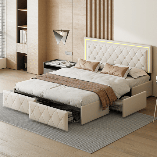 Cama de casal 160x200 cm, cabeceira com LED, cama estofada com 4 gavetas, cama com estrado de ripas e estrutura metálica, cama estofada com cabeceira regulável em altura, PU, u200Bu200Bu200Bu200Bcinza Cama de casal 160x200 cm, cabeceira com LED, cama estofada com 4 gavetas, cama com estrado de ripas e estrutura metálica, cama estofada com cabeceira regulável em altura, PU, u200Bu200Bu200Bu200Bcinza