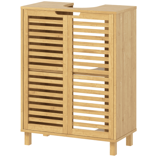 Armário de bambu para pia com 2 portas ripadas, prateleira ajustável para pias com ou sem pedestal, natural Armário de bambu para pia com 2 portas ripadas, prateleira ajustável para pias com ou sem pedestal, natural