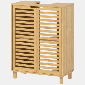 Armário de bambu para pia com 2 portas ripadas, prateleira ajustável para pias com ou sem pedestal, natural