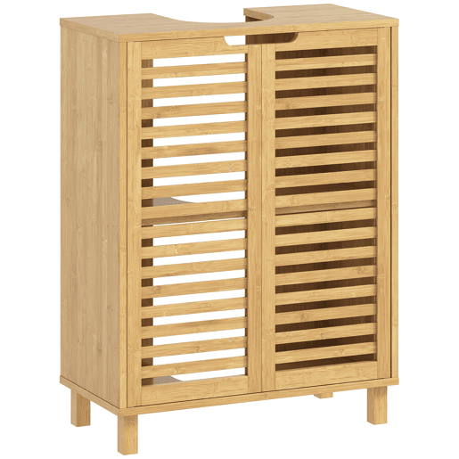 Armário de bambu para pia com 2 portas ripadas, prateleira ajustável para pias com ou sem pedestal, natural Armário de bambu para pia com 2 portas ripadas, prateleira ajustável para pias com ou sem pedestal, natural
