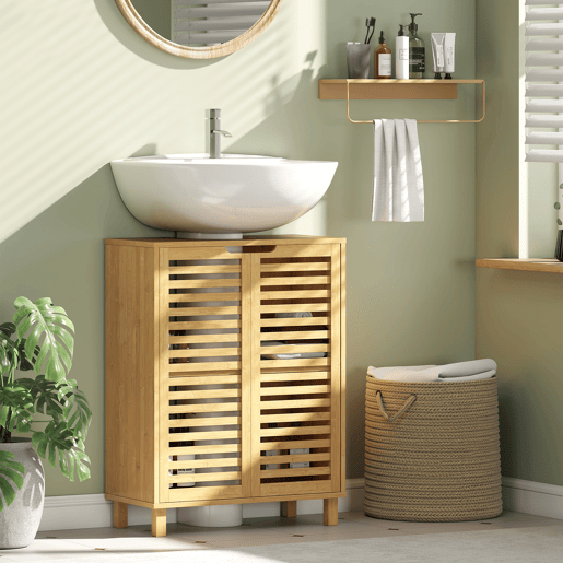 Armário de bambu para pia com 2 portas ripadas, prateleira ajustável para pias com ou sem pedestal, natural Armário de bambu para pia com 2 portas ripadas, prateleira ajustável para pias com ou sem pedestal, natural