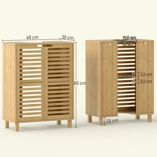 Armário de bambu para pia com 2 portas ripadas, prateleira ajustável para pias com ou sem pedestal, natural Armário de bambu para pia com 2 portas ripadas, prateleira ajustável para pias com ou sem pedestal, natural