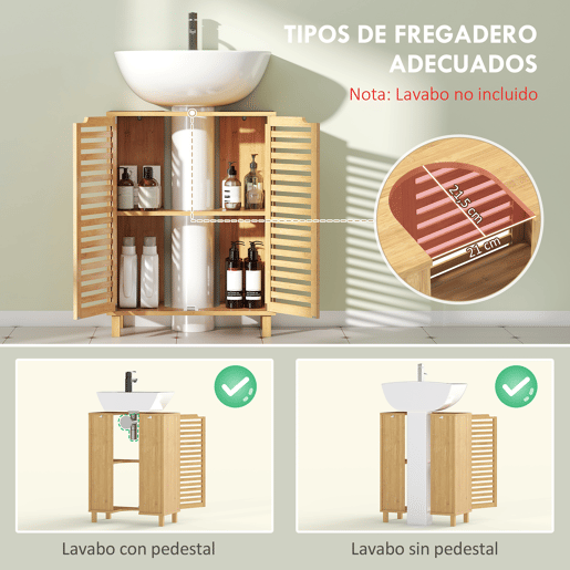 Armário de bambu para pia com 2 portas ripadas, prateleira ajustável para pias com ou sem pedestal, natural Armário de bambu para pia com 2 portas ripadas, prateleira ajustável para pias com ou sem pedestal, natural